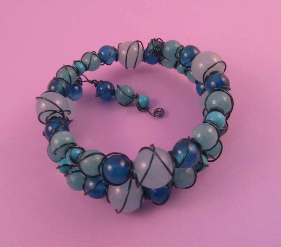 Light Blue Quartzite, Quartz and Agate Wire Wrapped Memory Wire Bracelet