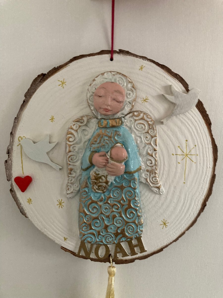 Commission for Emily Guardian Angel Holding Baby Personalised Wood Slice Reiki