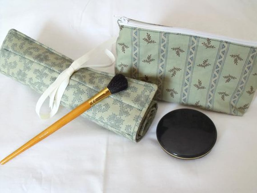 sage green make up gift set, toiletry bag and make up brush holder