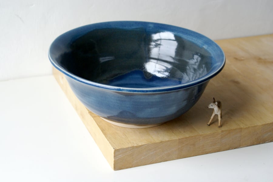 One hand thrown fruit bowl - large bowl glazed in ice blue and black