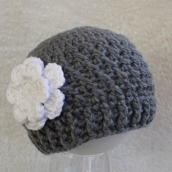 Toddler Girl Chunky Beanie Hat with Flower - Grey with White Flower - 1-3 years