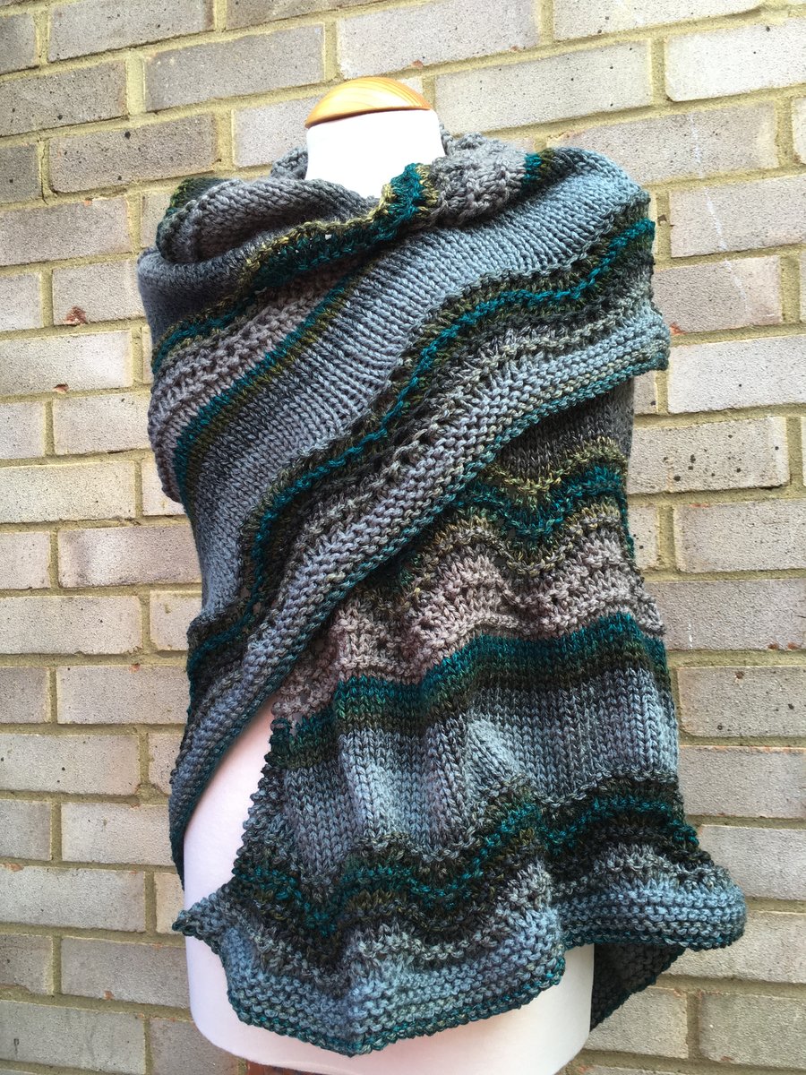 Hand Knitted Old Shale Shawl in soft waves of grey, teal and green wool yarn