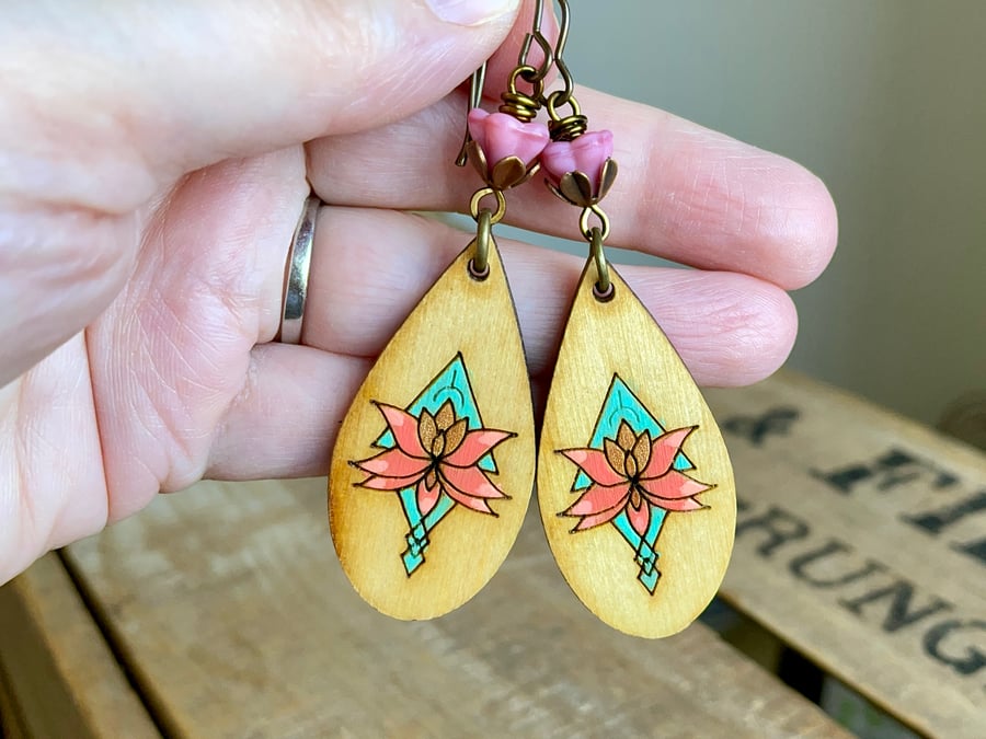 Wooden Charm Earrings. Hand Painted Earrings. Coral Pink & Turquoise Earrings