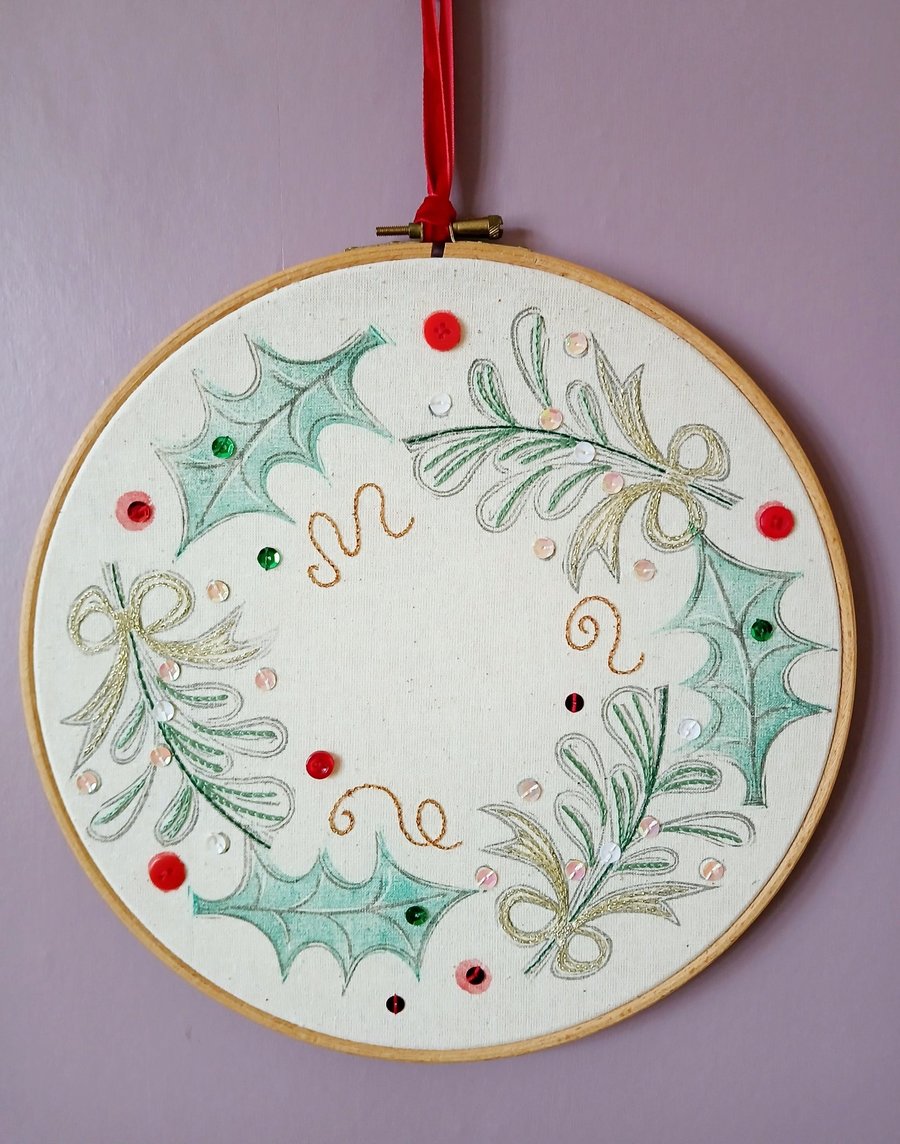 Lino Printed and Hand-Stitched Festive Wreath, Gold Bows and Bronze Swirls