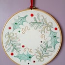 Lino Printed and Hand-Stitched Festive Wreath, Gold Bows and Bronze Swirls