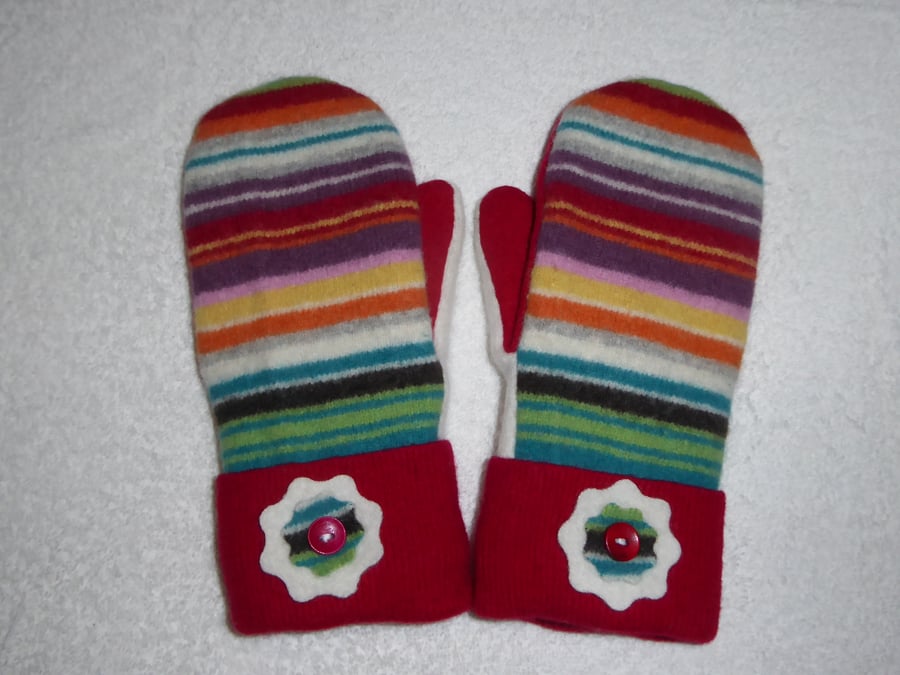 Mittens Created from Up-cycled Wool Jumpers. Fully Lined. Red Cuff