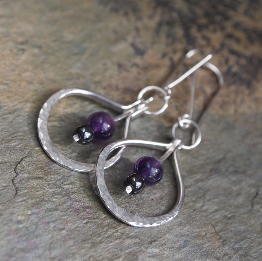 Sterling silver hinged hoop earrings with amethyst