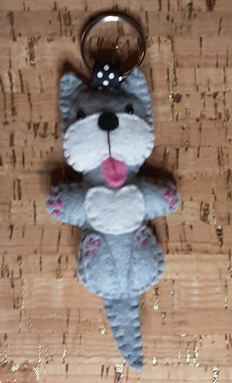 Dog on Back Grey & White Felt Key Ring - Bag Charm