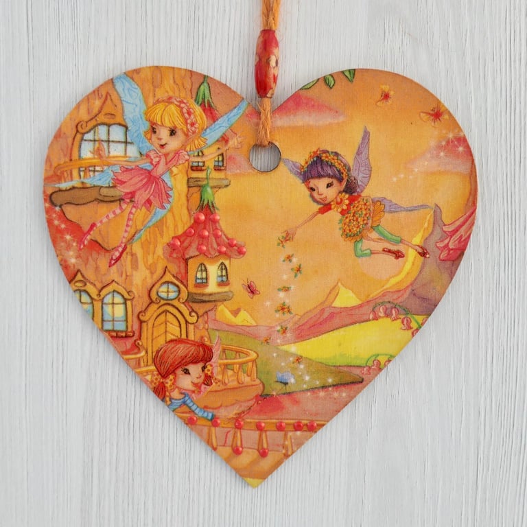 Decoupaged Wooden Hanging Heart: Fairy Castle design 6” (15cm)