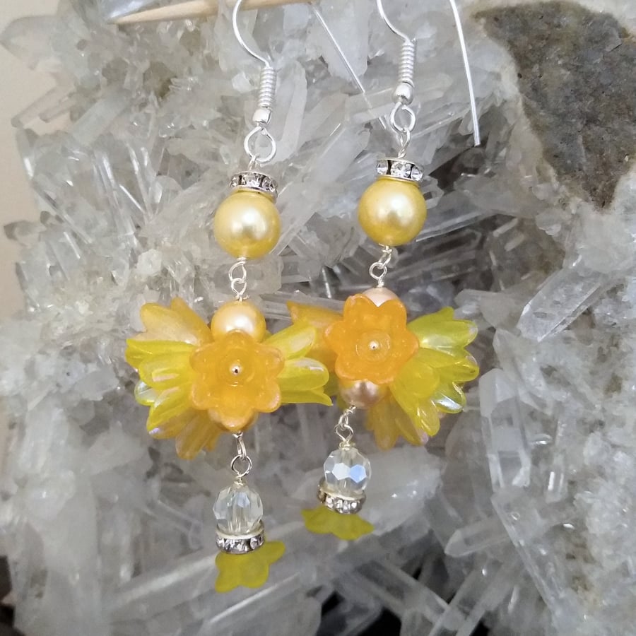Pastel Yellow Summer Floral Bouquet Drop Earrings