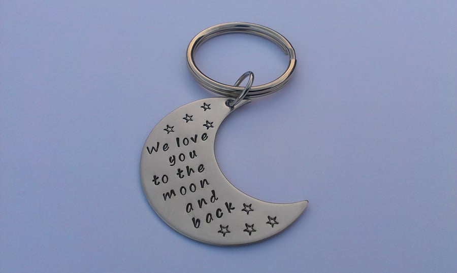 I Love you to the moon and back personalised hand stamped keyring