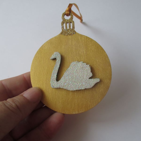 SALE White Swan Christmas Tree Bauble Decoration Wooden Glittery Hanging Bird