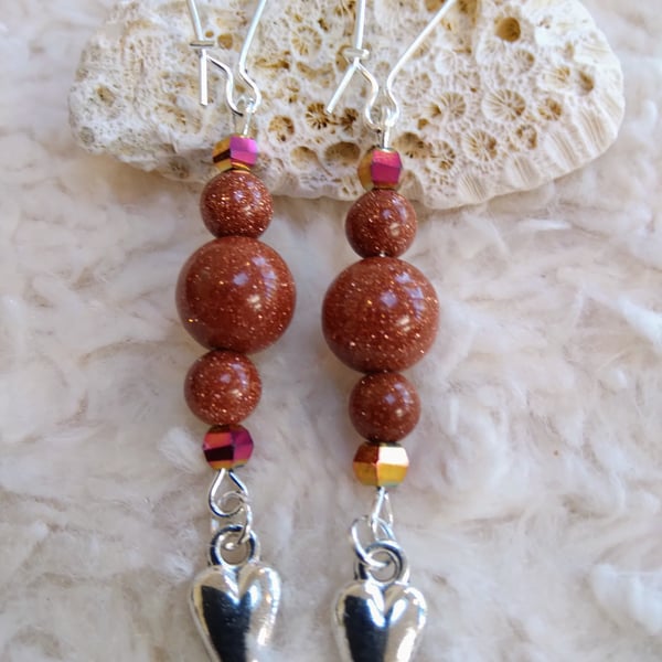 Glittery SUNSTONE smooth gemstone beaded silvertone EARRINGS with HEART charm