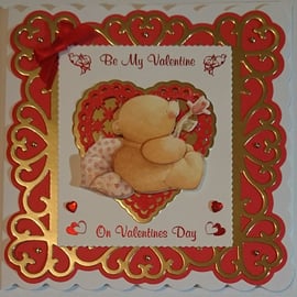 Be My Valentine on Valentines Day Cute Teddy Bear Rose 3D Luxury Handmade Card 