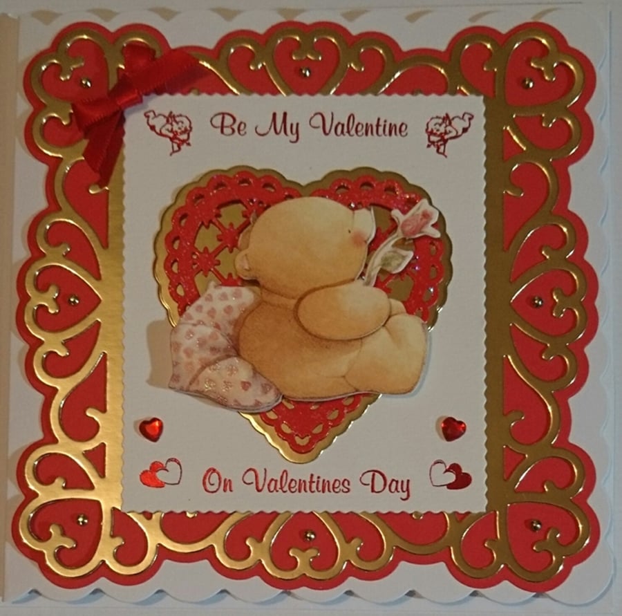 Be My Valentine on Valentines Day Cute Teddy Bear Rose 3D Luxury Handmade Card 