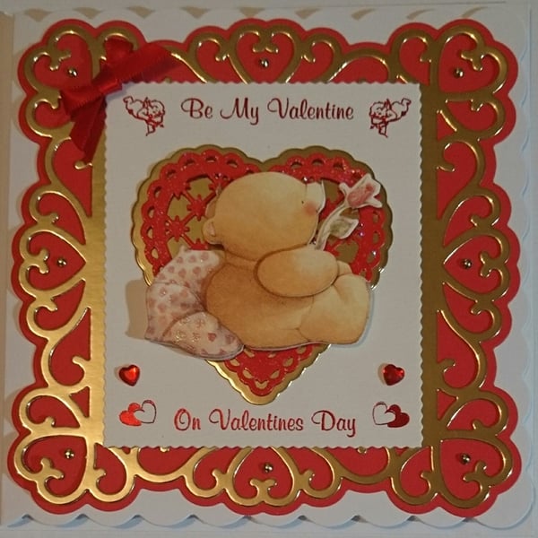 Be My Valentine on Valentines Day Cute Teddy Bear Rose 3D Luxury Handmade Card 