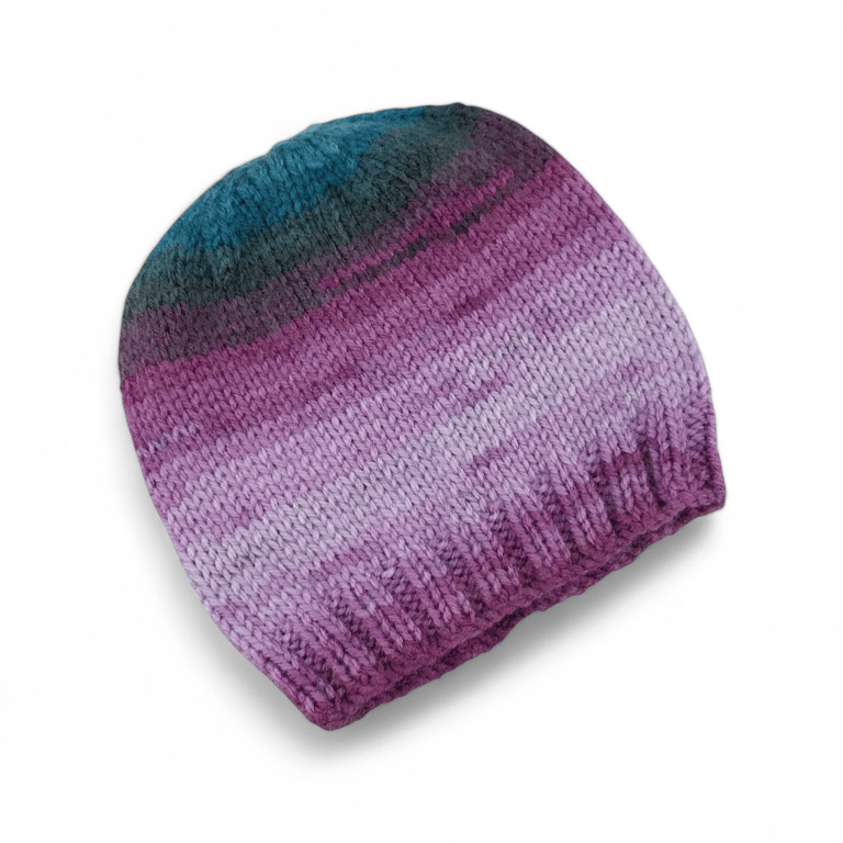 Hand Knitted Baby Hat in Purple and Blue Self-Striping Yarn, Beanie for Winter