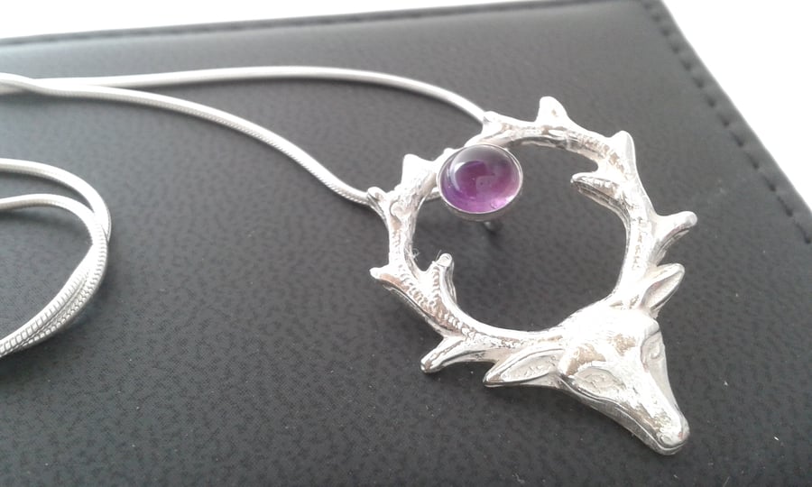 Amethyst and Silver Stag's Head Pendant