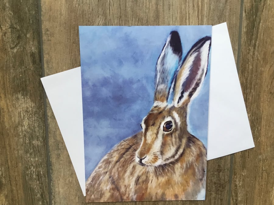 Elegant brown hare greeting card by UK artist Janet Bird