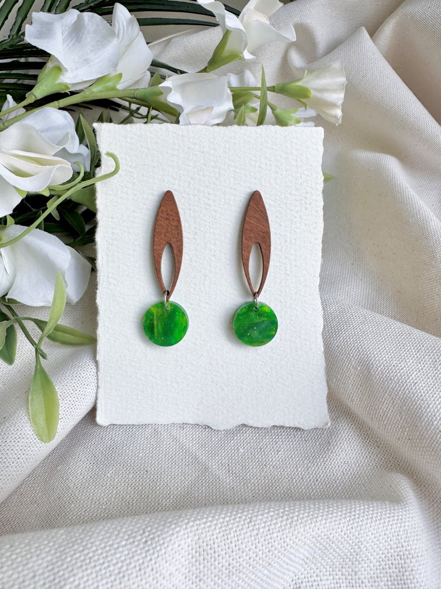 Elongated Wood and Green Earrings