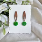 Elongated Wood and Green Earrings