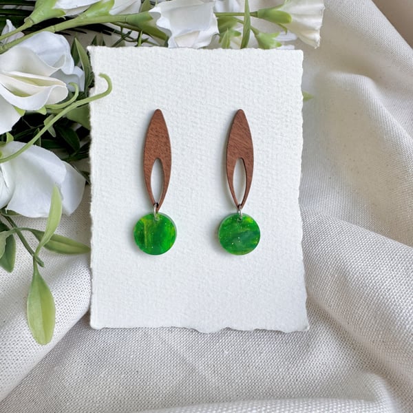 Elongated Wood and Green Earrings