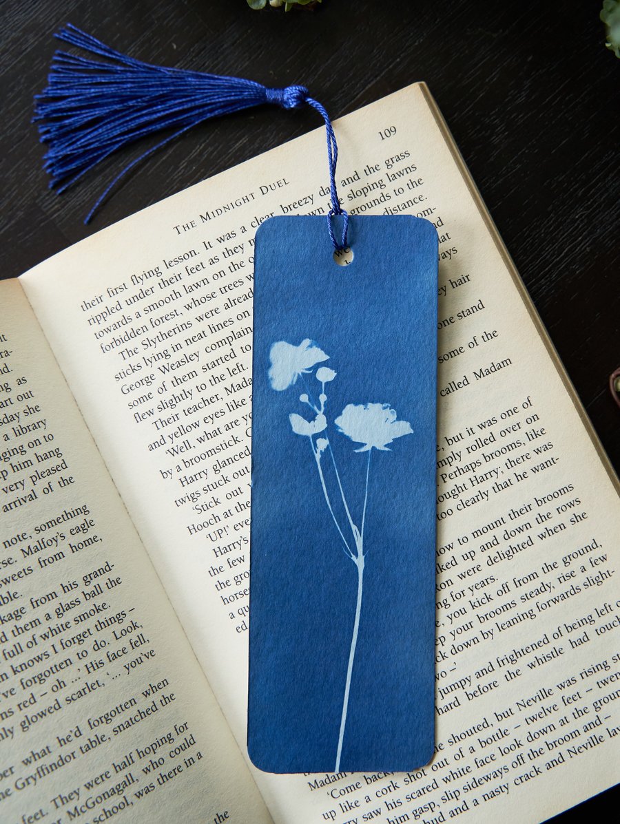 Two bookmarks, original cyanotype on mixed-media paper, blue tassel