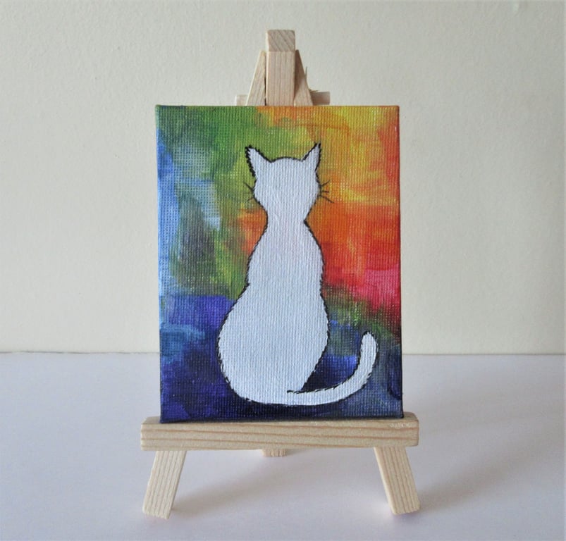 Cat Miniature Original Acrylic Painting with Easel Letterbox Gift