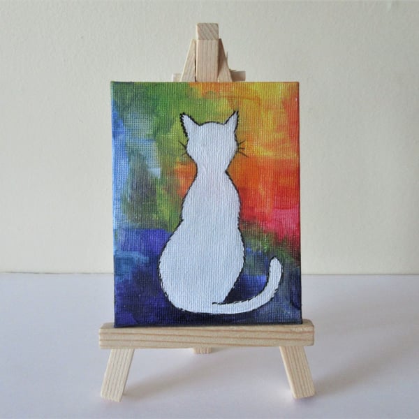 Cat Miniature Original Acrylic Painting with Easel Letterbox Gift