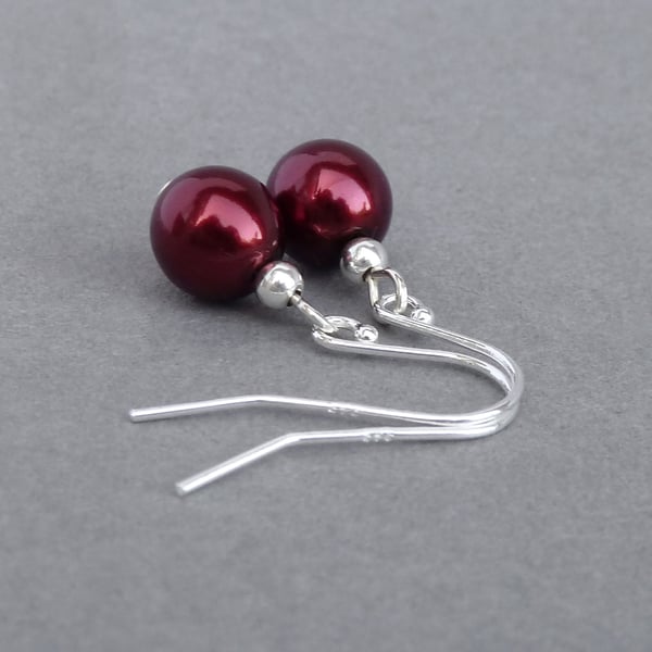 Simple Burgundy Glass Pearl Drop Earrings - Dark Red Ball Dangle Earrings