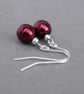 Simple Burgundy Glass Pearl Drop Earrings - Dark Red Ball Dangle Earrings - Image 1