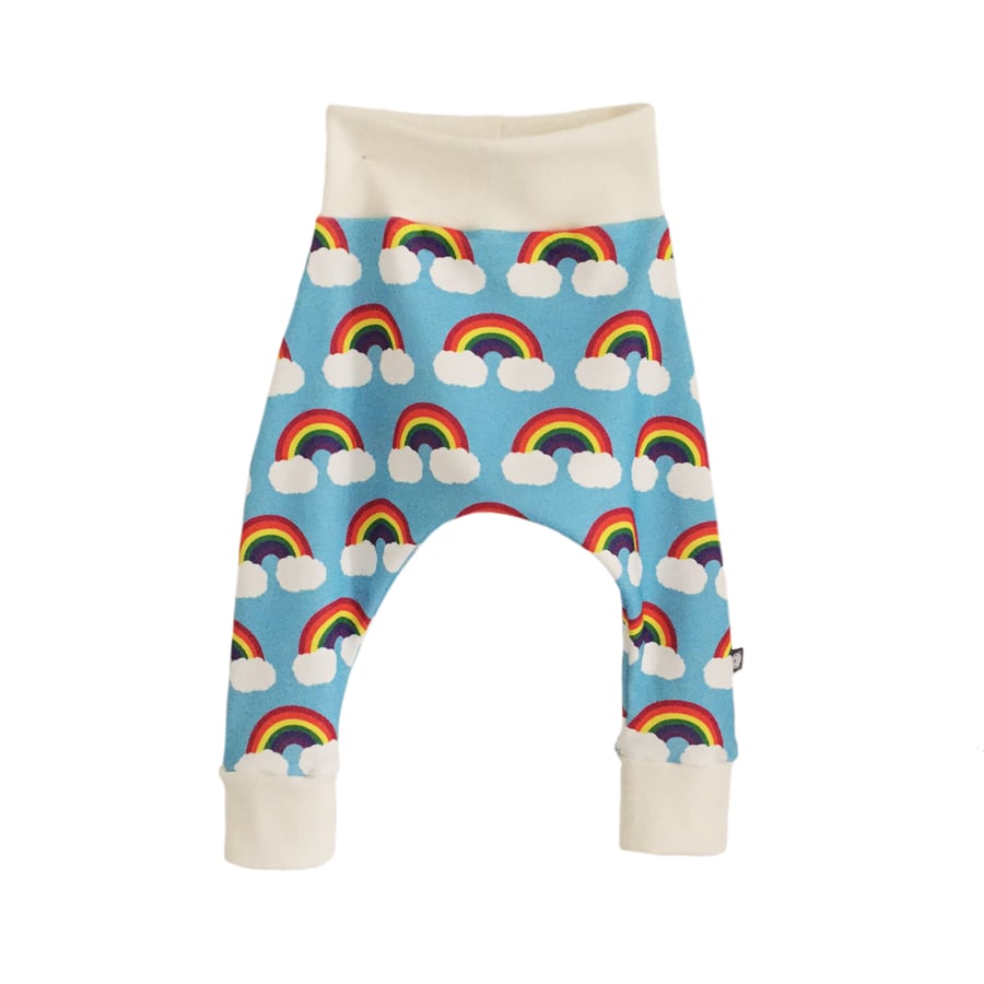 ORGANIC Baby HAREM PANTS Relaxed RAINBOWS ON BLUE Trousers - A BABY GIFT IDEA 