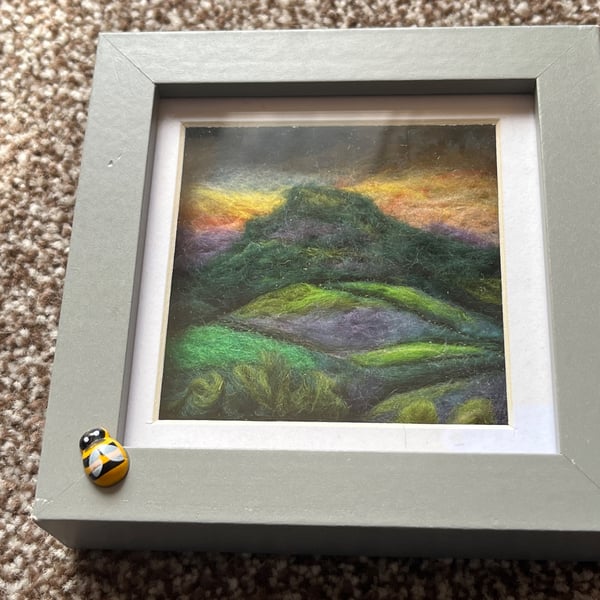 Roseberry Topping sunset needle felt Cleveland hills grey box frame 