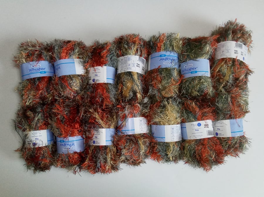 Double knitting yarn, Patons Whisper, 14 x 50g balls, burnt orange, grey, gold