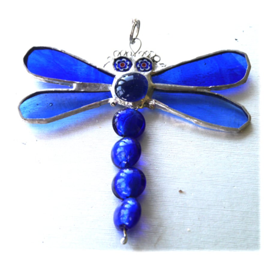 Dragonfly Suncatcher Stained Glass Blue Bead-Tailed 038