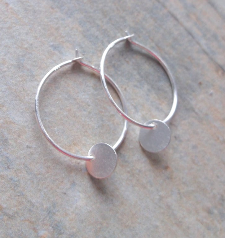 Sterling Silver 18mm Hoop Earrings with Circular Disc Charms