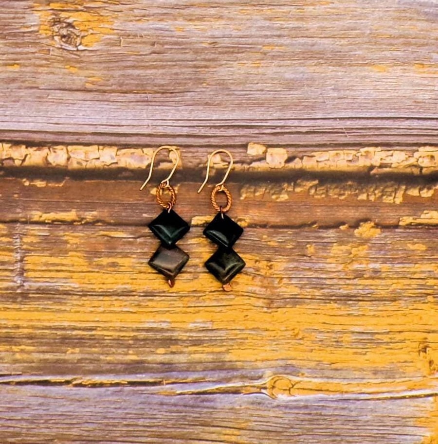 Handmade Copper Agate Dangle Earrings - Diamond Shaped Stones