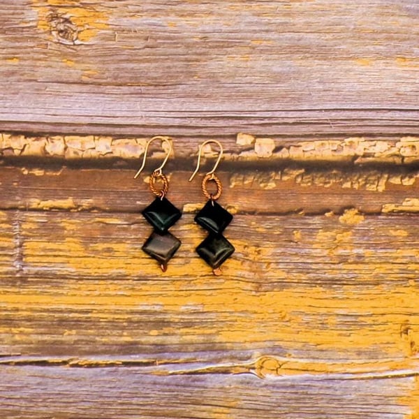 Handmade Copper Agate Dangle Earrings - Diamond Shaped Stones