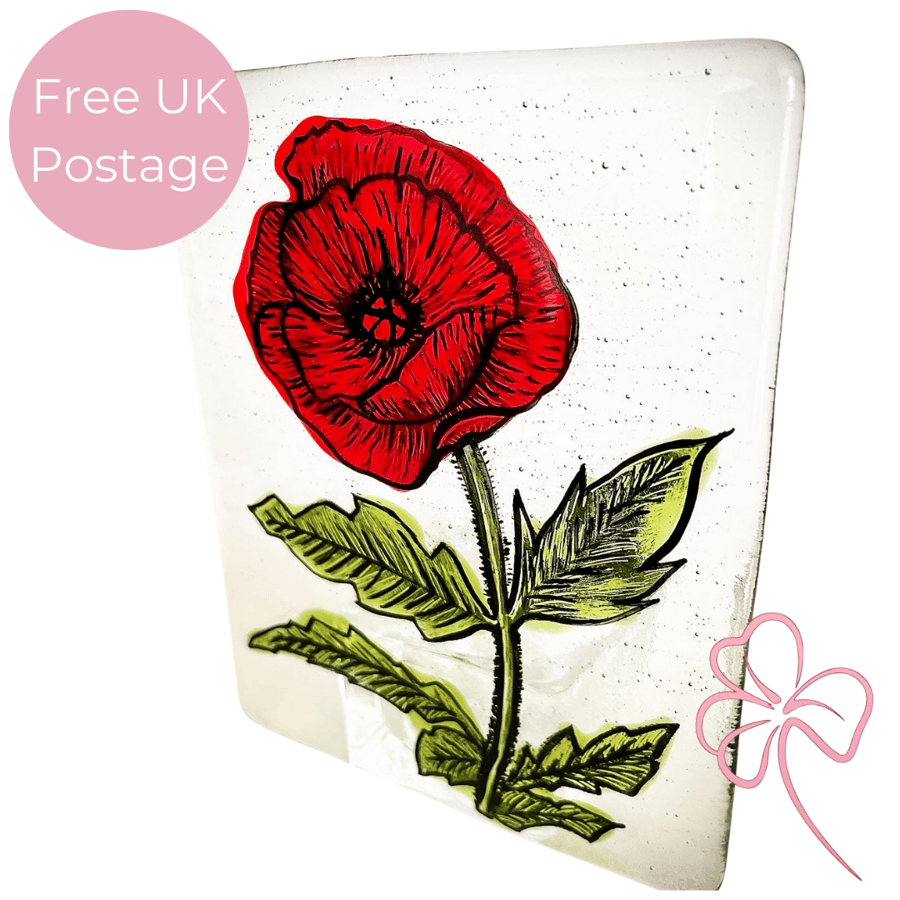 Handmade Fused Glass Painted Poppy Tealight Candle Holder 