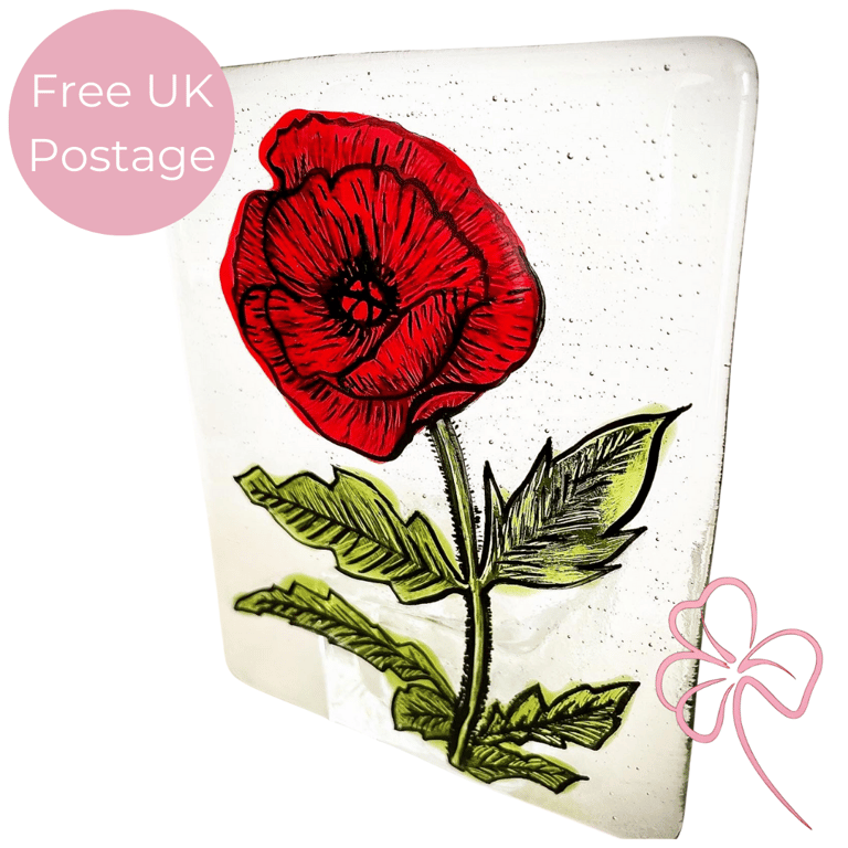 Handmade Fused Glass Painted Poppy Tealight Candle Holder 