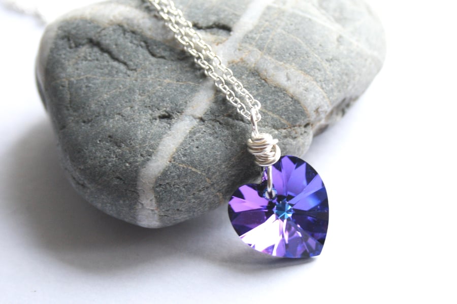 Swarovski heart necklace, purple necklace, crystal necklace