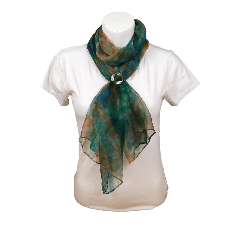 Silk chiffon fashion scarf, hand dyed in brown, blue and green