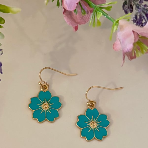 Turquoise Flower Earrings, Floral Charms, Handmade Jewellery 