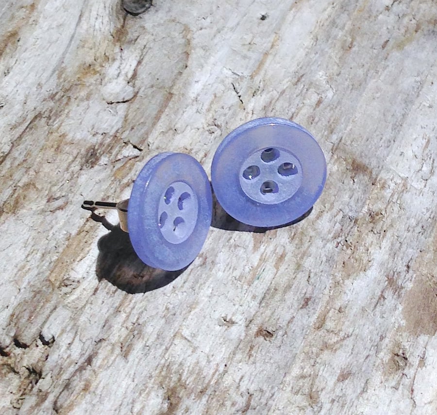 Blue Hand Dyed Button and Sterling Silver Earrings (ERBTSTBL1) - UK Free Post