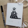 Tree Cat - lino cut print Christmas card (silver)