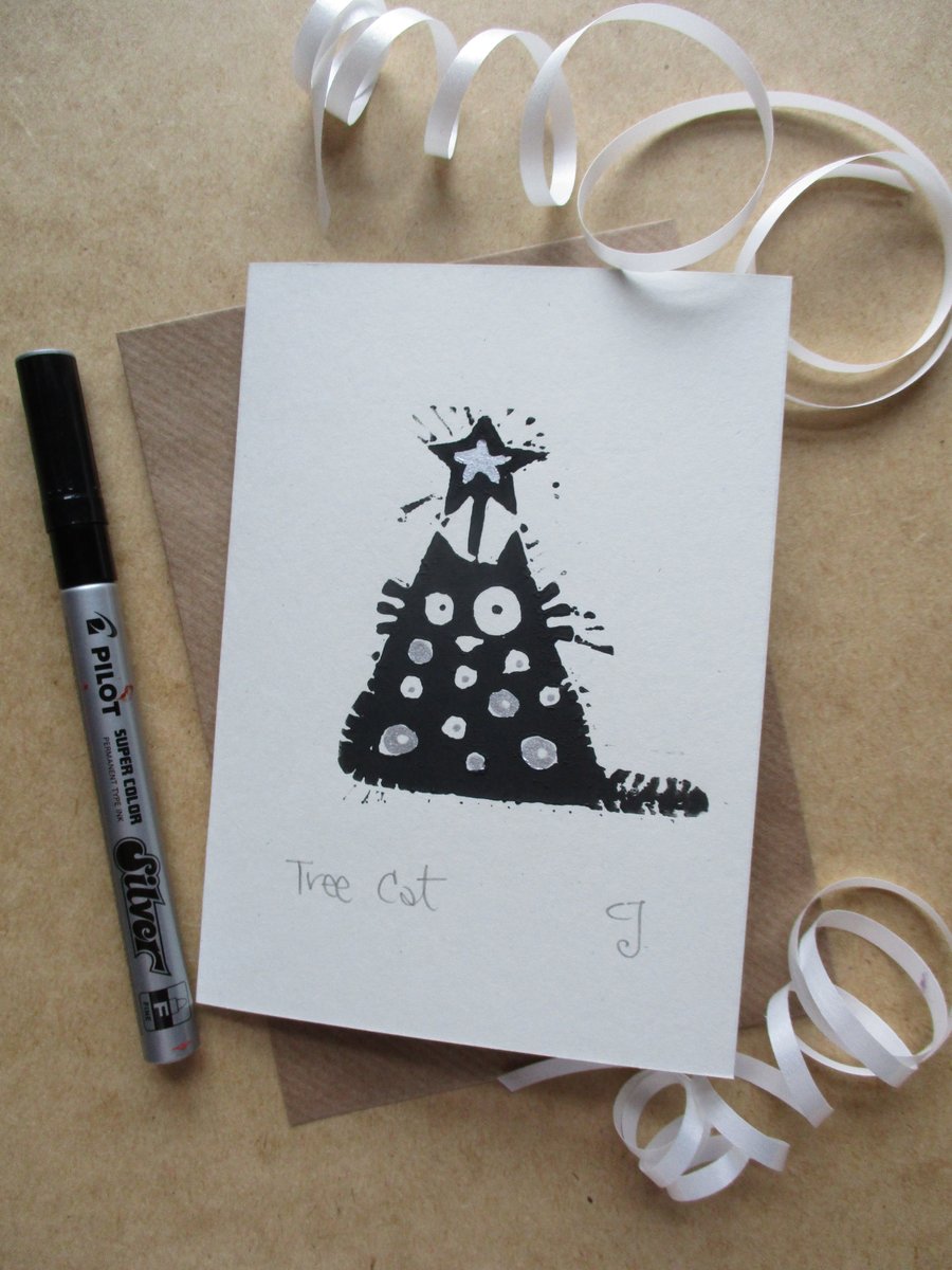 Tree Cat - lino cut print Christmas card (silver)