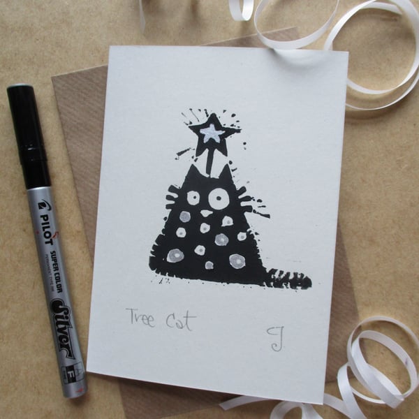 Tree Cat - lino cut print Christmas card (silver)