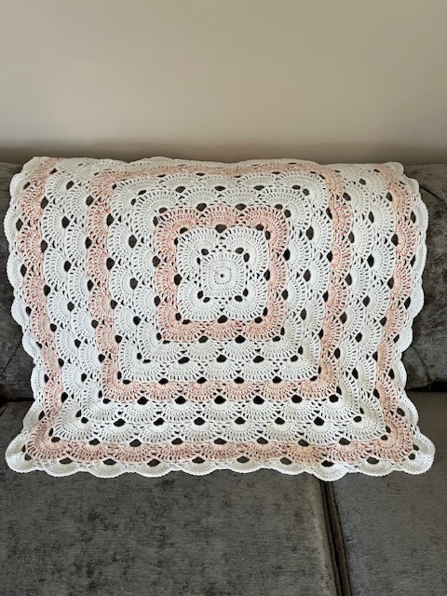 White & Peach Square Baby Blanket, Baby Girl Gift, Hand Crocheted, Newborn Gift