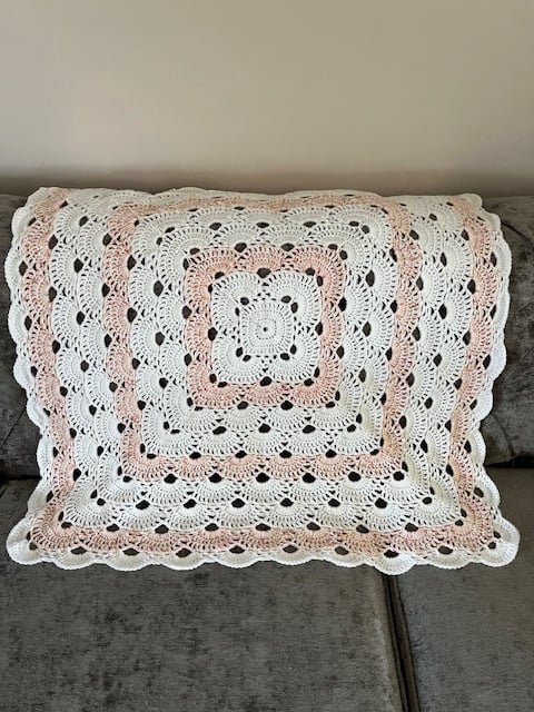 White & Peach Square Baby Blanket, Baby Girl Gift, Hand Crocheted, Newborn Gift