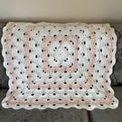 White & Peach Square Baby Blanket, Baby Girl Gift, Hand Crocheted, Newborn Gift